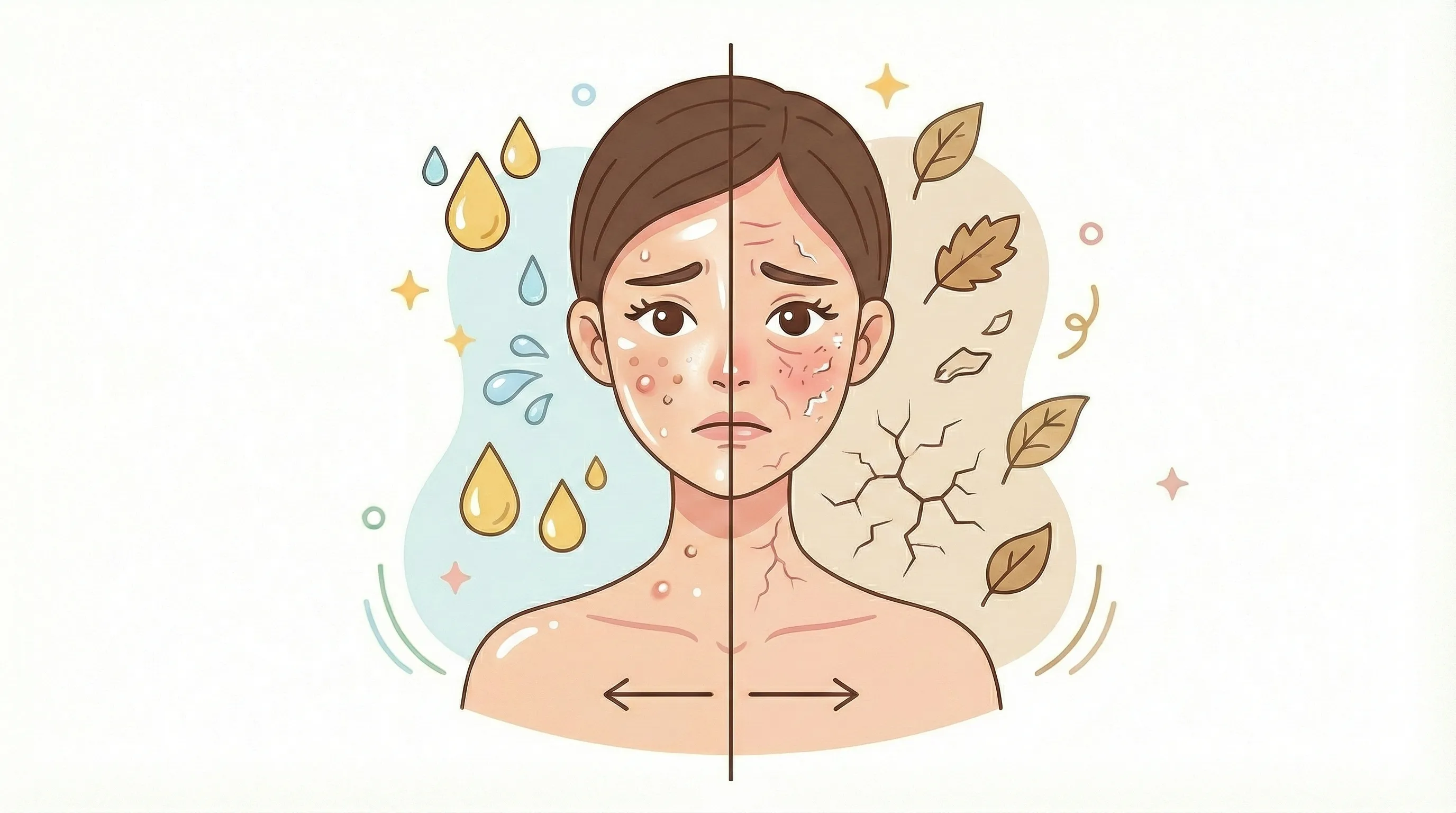 과잉 피지 지성 vs 건조하게 갈라진 건성 피부 비교